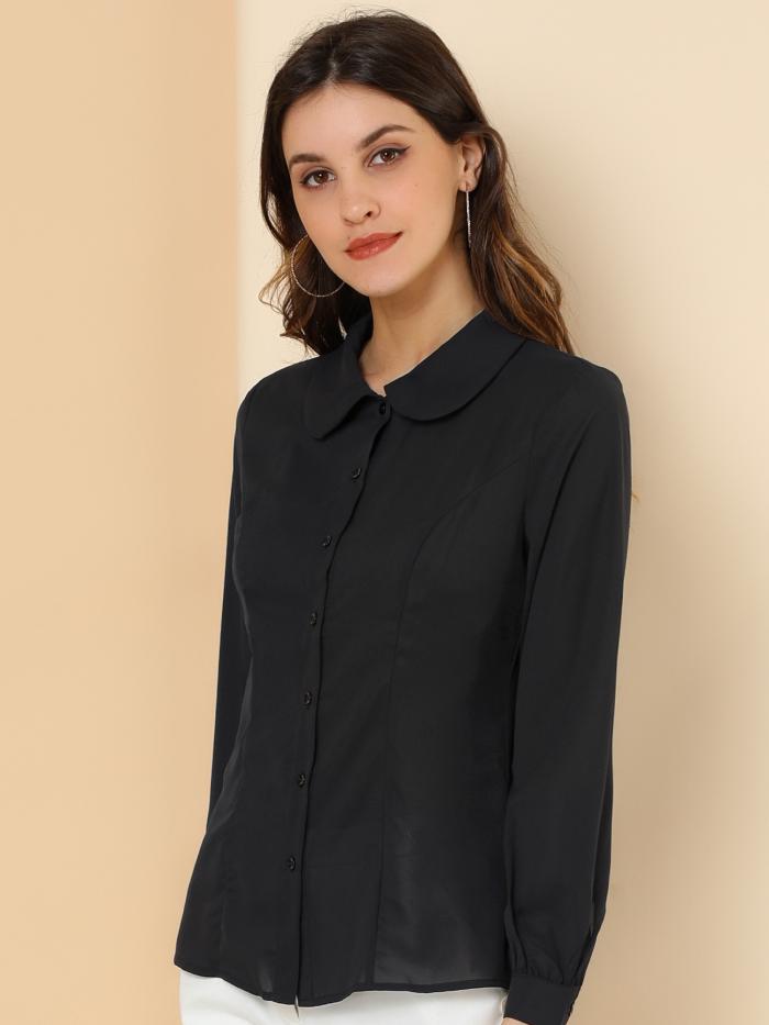 Allegra K ブラウス レディース 長袖 シフオンブラウス 丸襟 可愛い シャツ オフィス カジュアル トップス 着痩せ おしゃれ 通勤 OL 黒 XL