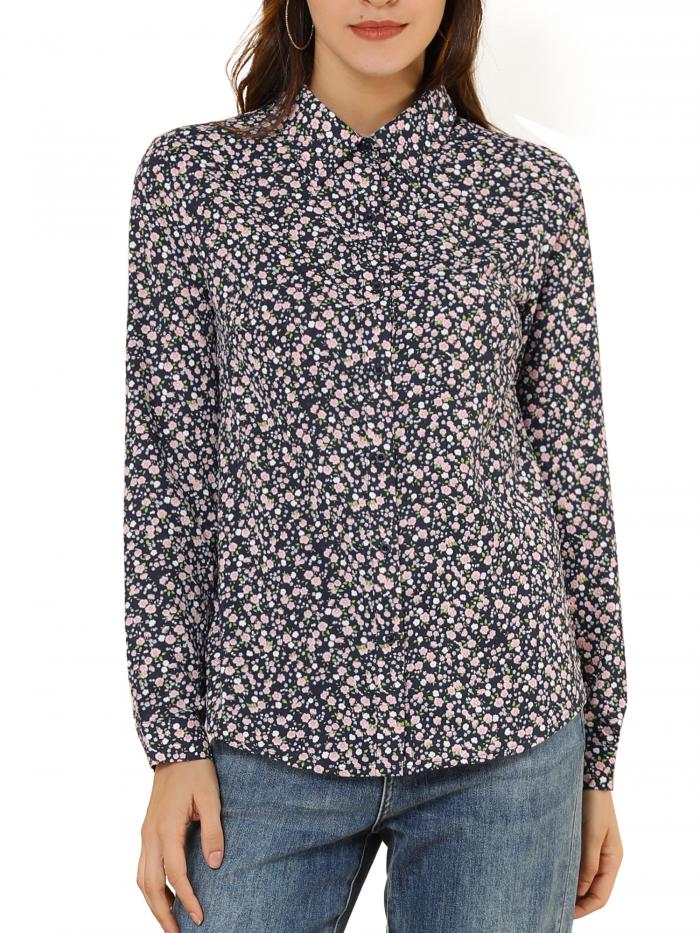 Allegra K 花柄シャツ ブラウス 長袖 おしゃれ ボタンダウン 通勤 オフィス カジュアル レディース ダークブルー S