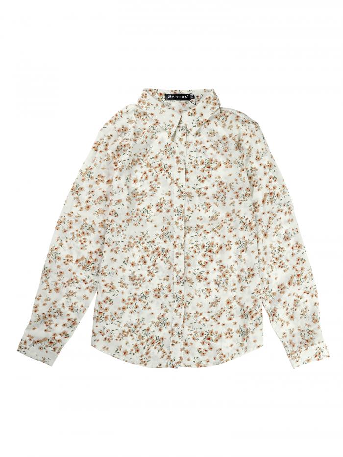 Allegra K 花柄シャツ ブラウス 長袖 おしゃれ ボタンダウン 通勤 オフィス カジュアル レディース ホワイト1 XS