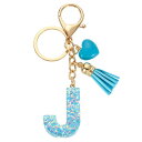 イニシャルレターキーチェーン レジン製かわいいハートタッセルペンダントアクセサリー アルファベットキーリング 財布 ハンドバッグ バックパック用 ブルー-J