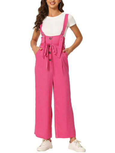 Allegra K サロペットパンツ ハイウエスト オーバーオール 前ボタン ワイドパンツ レディース ローズレッド XL Allegra K サロペットパンツ ハイウエスト オーバーオール 前ボタン ワイドパンツ レディース ローズレッド XL