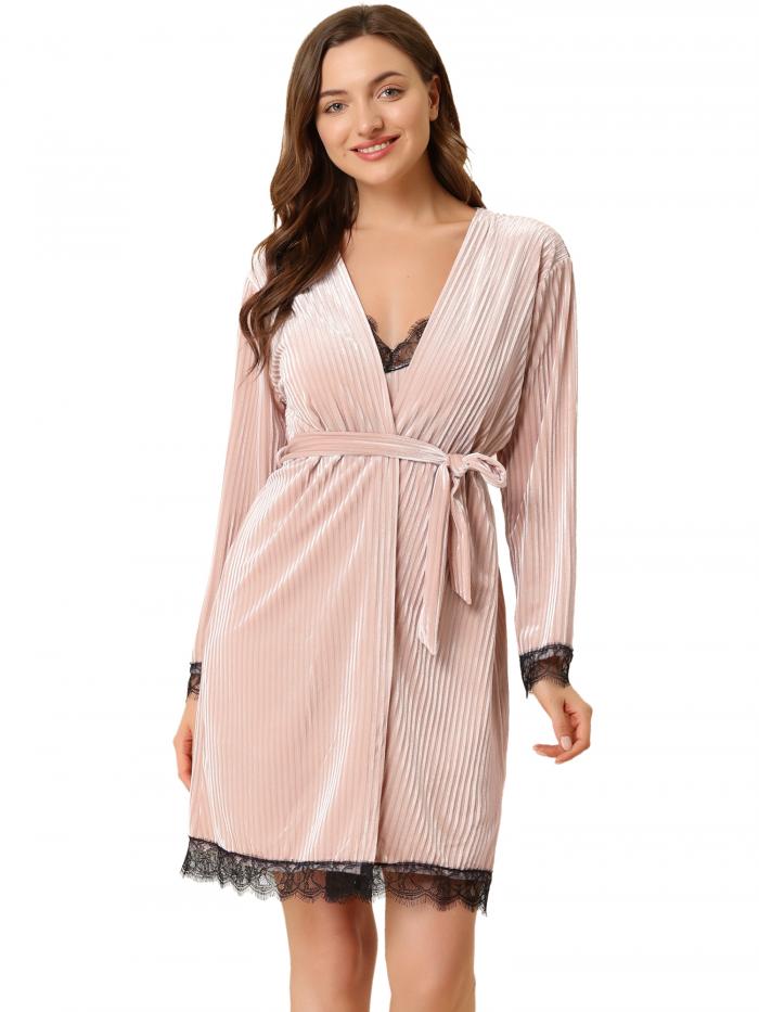 Allegra K ベルベット レース パジャマ キャミワンピース ミディローブ セット ネグリジェ レディース ピンク XSのサムネイル