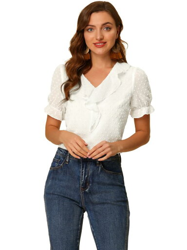 Allegra K シフォントップス 水玉 ブラウス フリルVネック 半袖 レディース ホワイト M Allegra K シフォントップス 水玉 ブラウス フリルVネック 半袖 レディース ホワイト M