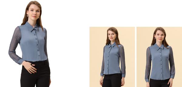 Allegra K シャツ シースルー トップス ブラウス シフォン 長袖 レディース 無地 プルオーバー カジュアル おしゃれ 普段着 通勤 フォーマル 20代 30代 40代 春 秋 グレーブルー XL