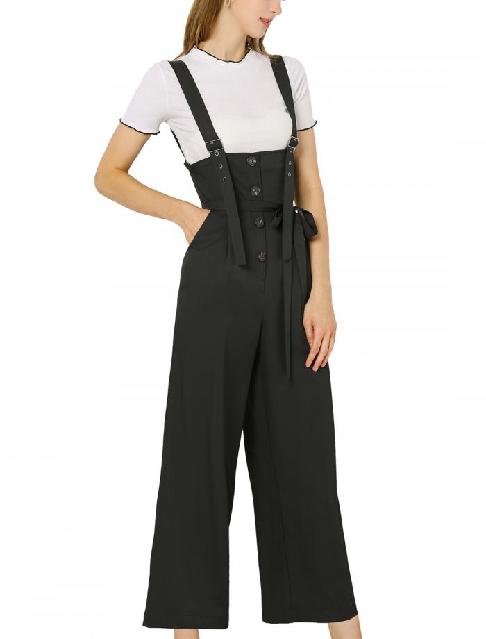 Allegra K サロペットパンツ ハイウエスト オーバーオール 前ボタン ワイドパンツ レディース ブラック 2XL