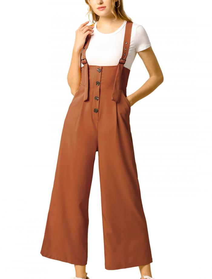 Allegra K サロペットパンツ ハイウエスト オーバーオール 前ボタン ワイドパンツ レディース ブラウン 2XL