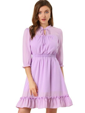 ソウテン Allegra K シフォンワンピース Aライン ウエストゴム 裾フリル 七分袖 ショート丈 無地 レディース ラベンダー XS