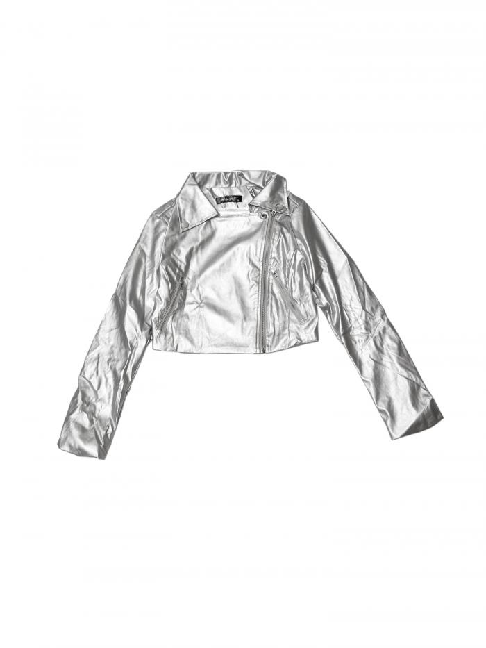 Allegra K クロップド バイカージャケット フェイクレザー 長袖 PUジッパー レディース シルバー M