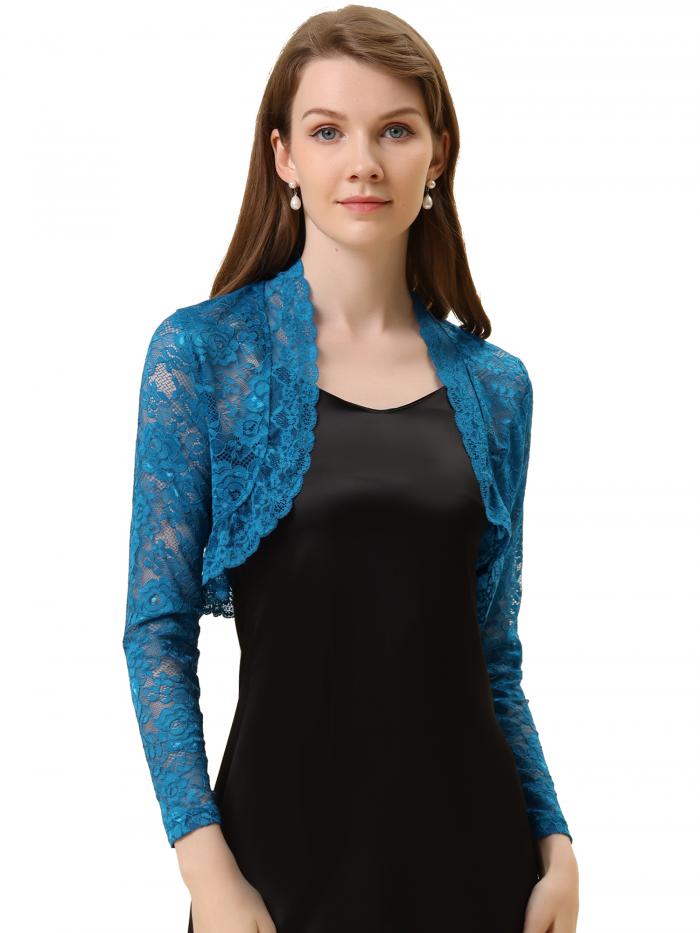 Allegra K レース ボレロ 長袖 カーディガン 花柄 シアー シュラグトップ 結婚式 エレガント カジュアル レディース ブルー S