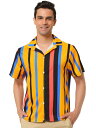 Lars Amadeus メンズサマーストライプシャツ半袖ボタンダウンビーチカラーブロック縦縞シャツ オレンジブラックブルー S