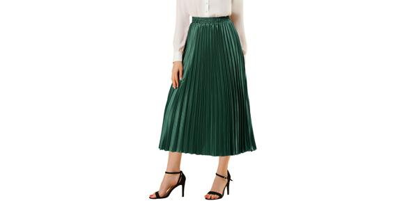 Allegra K プリーツスカート アコーディオン 光沢 ハイウエスト ミモレ丈 フレア Aライン レディース ダークグリーン 2XL