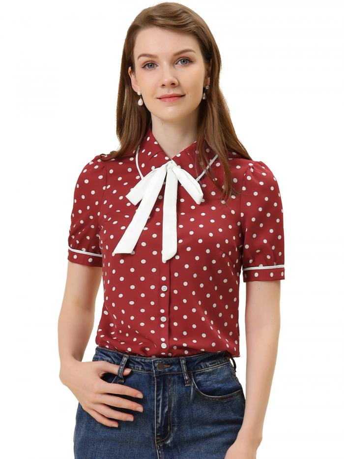 Allegra K ブラウス レディース 半袖 シフオンブラウス 折り襟 リボン シャツ パフスリーブ オフィス カジュアル トップス 着痩せ おしゃれ 通勤 OL 水玉模様 ブルゴーニュ S