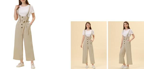 Allegra K サロペットパンツ ハイウエスト オーバーオール 前ボタン ワイドパンツ レディース アプリコット M