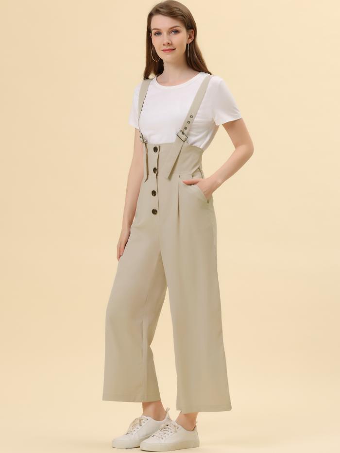 Allegra K サロペットパンツ ハイウエスト オーバーオール 前ボタン ワイドパンツ レディース アプリコット M