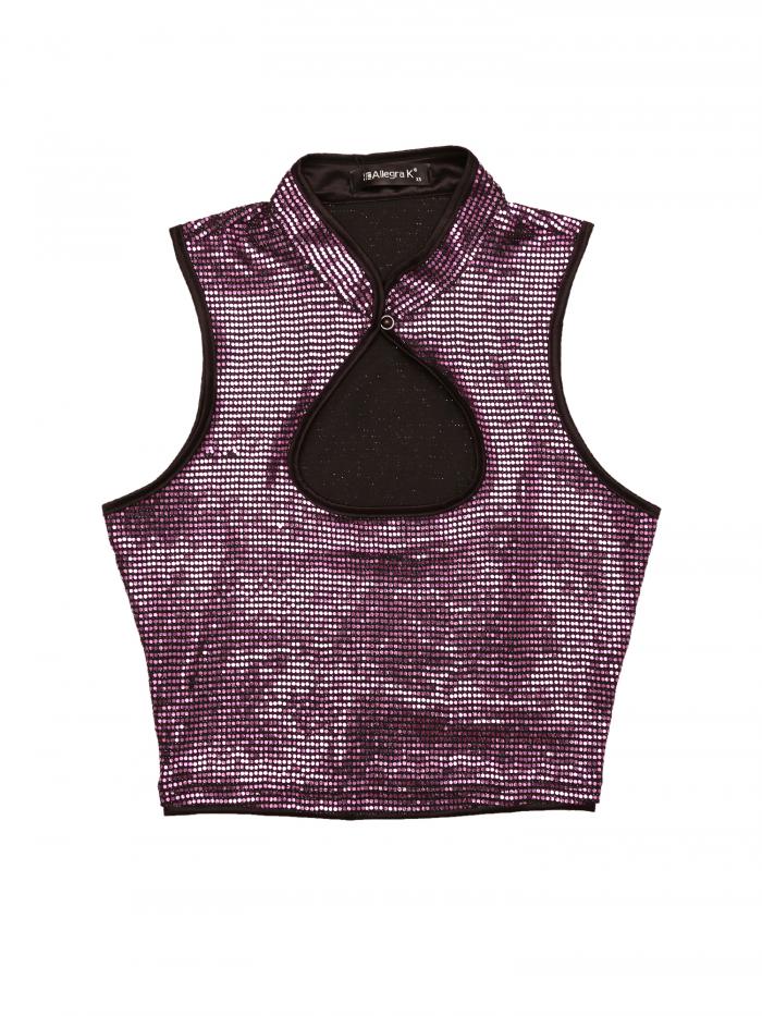 Allegra K タンクトップ クロップ ノースリーブ カットアウトフロント スリムフィット スパンコール レディース ホットピンク XL
