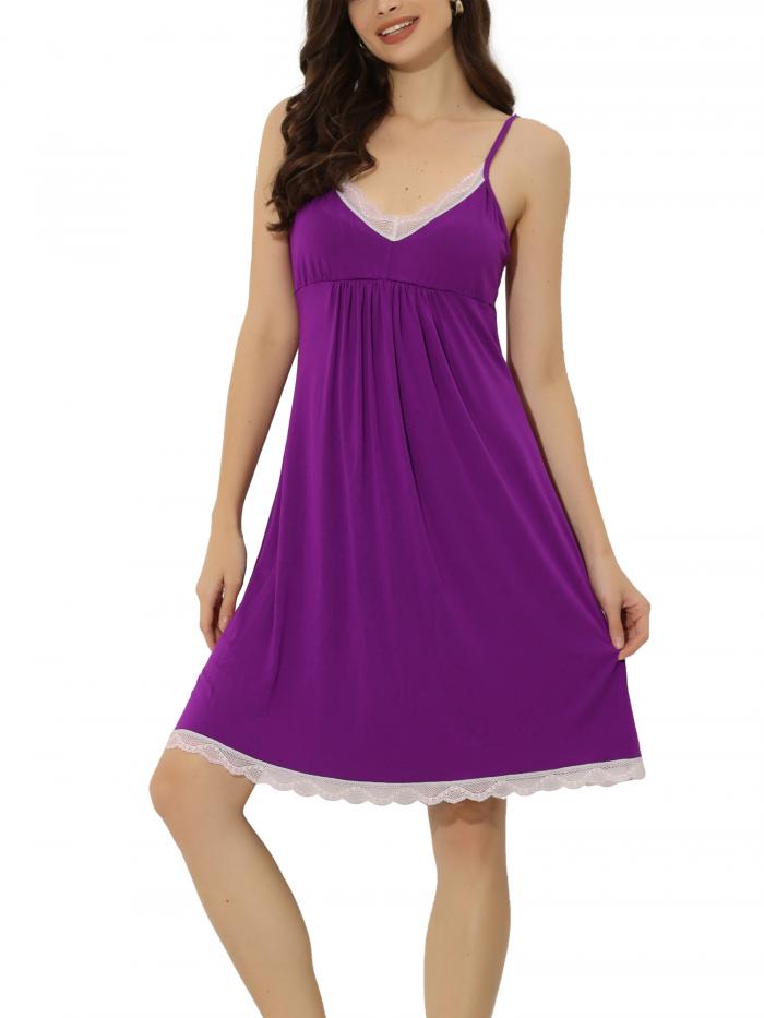cheibear パジャマ ルームウェア V ネック レース ネグリジェ 寝間着 ストレッチ ラウンジドレス レディース パープル XL