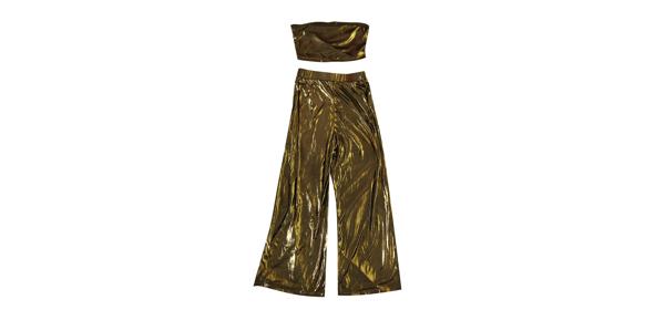 Allegra K 夏 レディース 2ピース ワイドレッグパンツ クロップドトップス カジュアル ラウンジセット ブラック 金色 L