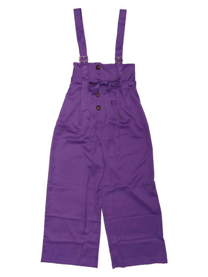 Allegra K サロペットパンツ ハイウエスト オーバーオール 前ボタン ワイドパンツ レディース パープル M