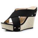 Allegra K サンダル レディース オープントゥ リネンプラットフォーム スライドウェッジヒール ブラック 25.0 cm