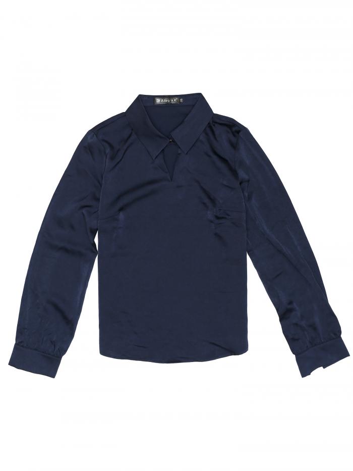 Allegra K サテン トップス ワーク オフィス ブラウス プルオーバー 長袖 エレガント レディース ネイビーブルー M