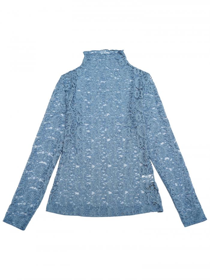 Allegra K シアー 花柄 レースブラウス トップス 長袖 モックネック レディース ダスティブルー L