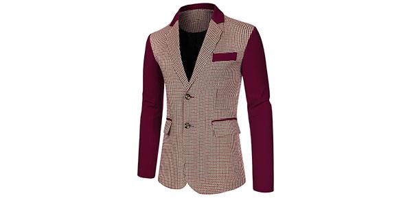 Lars Amadeus ジャケット ブレザー チェック柄 長袖 ビジネス スリム カジュアル メンズ ブルゴーニュ XL