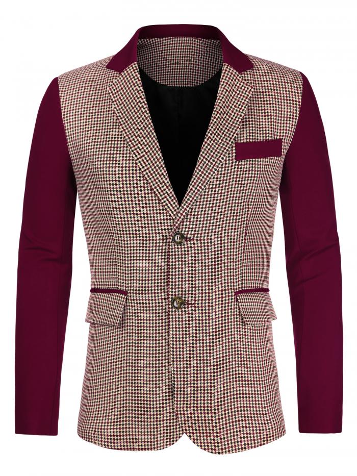 Lars Amadeus ジャケット ブレザー チェック柄 長袖 ビジネス スリム カジュアル メンズ ブルゴーニュ XL