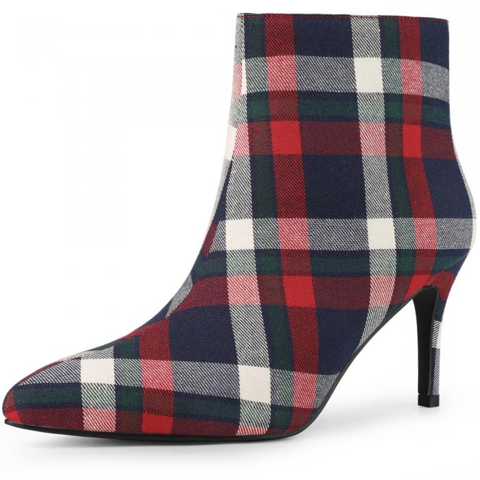 Allegra K アンクル ブーツ スティレットヒール チェック柄 サイド ジップ レディース ネイビーブルー ..