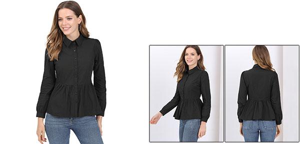 ソウテン Allegra K オフィスシャツ 長袖 フリル ペプラム コットン ボタンダウン レディース ブラック S