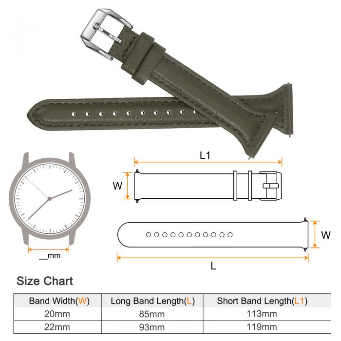 本革時計バンド 20 mm クイックリリース エレガント スリム 薄いトップグレイン 交換用リストバンドストラップ 時計とスマートウォッチ用 オリーブ緑 シルバートーン 3