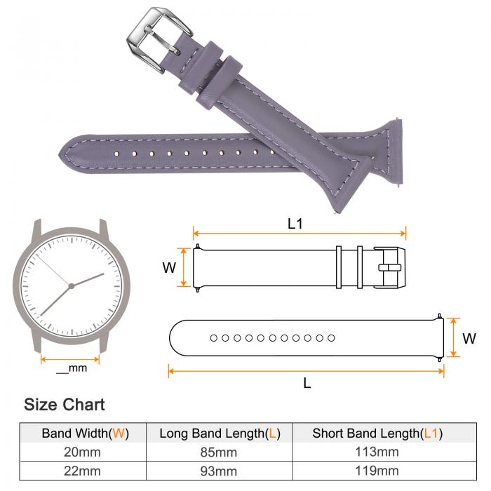 本革時計バンド 20 mm クイックリリース エレガント スリム 薄いトップグレイン 交換用リストバンドストラップ 時計とスマートウォッチ用 パープル シルバートーン 3