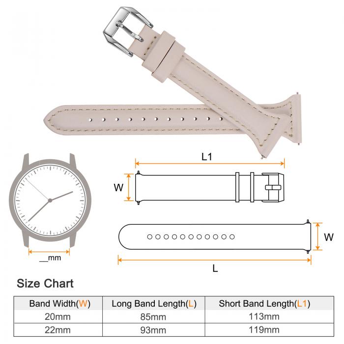本革時計バンド 22 mm クイックリリース エレガント スリム 薄いトップグレイン 交換用リストバンドストラップ 時計とスマートウォッチ用 ホワイト シルバートーン