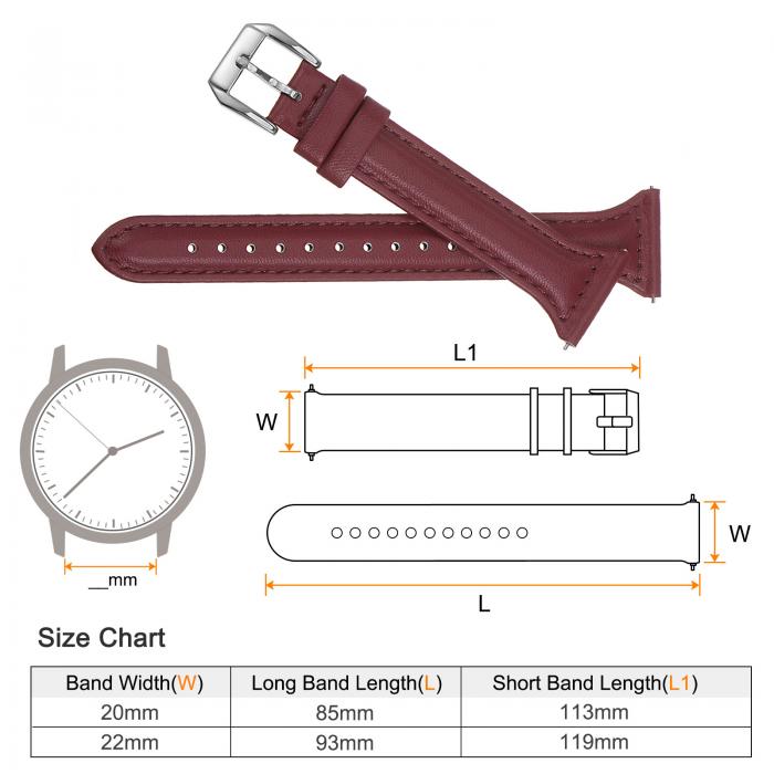 本革時計バンド 22 mm クイックリリース エレガント スリム 薄いトップグレイン 交換用リストバンドストラップ 時計とスマートウォッチ用 ワイン シルバートーン 3
