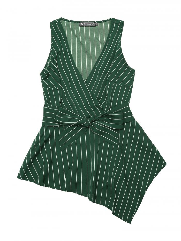 Allegra K ノースリーブ トップス カシュクール 縞 ストライプ柄 Vネック ラップタイ ウエストリボン レディース ダークグリーン S(4)