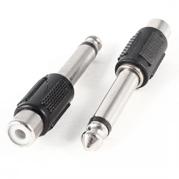 オーディオアダプター モノ 6.35mmオス−RCAメス ジャック ソケット コネクタ ブラック 2個