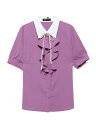 Allegra K シフオンブラウス ネクタイ 通勤シャツ フリル フロントボタン 半袖 コントラストカラー レディース ローズパープル XL