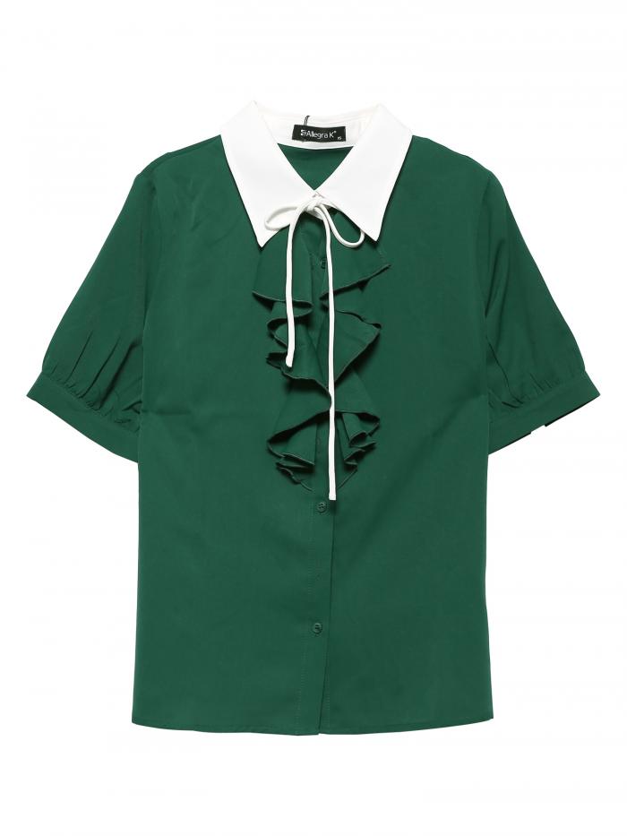 Allegra K シフオンブラウス ネクタイ 通勤シャツ フリル フロントボタン 半袖 コントラストカラー レディース ダークグリーン XS