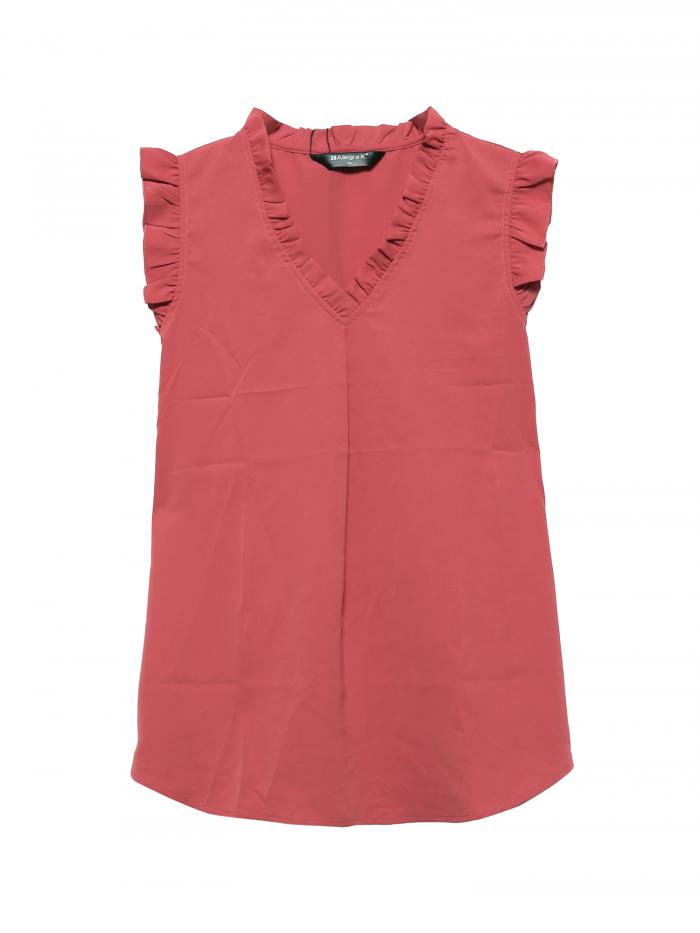 Allegra K フリルブラウス トップス ノースリーブ Vネック 無地 オフィス カジュアル レディース スイカレッド XS(4)