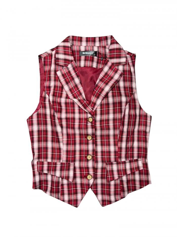Allegra K 格子縞チョッキ ヴィンテージベスト ノッチ付き ラペルカラー シングルブレスト レディース レッド XL
