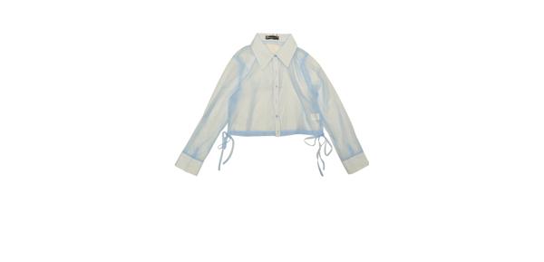 Allegra K シースルー トップス ボタンダウン クロップ シャツ シアー ブラウス ボウタイ レディース ライトブルー M