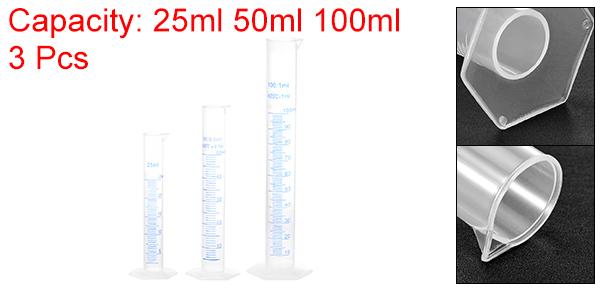 プラスチックメスシリンダー 25ml 50ml 100mlメスシリンダー 両面メートル法 クリア六角ベース 3合1セット