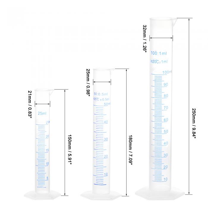 プラスチックメスシリンダー 25ml 50ml 100mlメスシリンダー 両面メートル法 クリア六角ベース 3合1セット