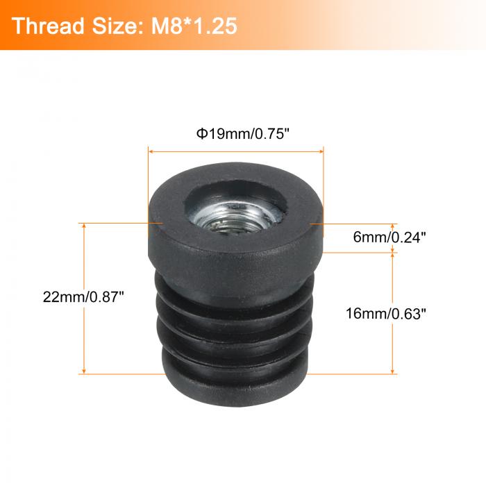 M8スレッド 19mm/0.75" OD丸管用 6個入り挿入部品 丸い黒いプラスチックプラグキャスター挿入部品 椅子 エンドキャップ家具脚プラグ [3]