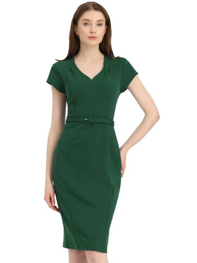 Allegra K ボディコンワンピース シースドレス Vネック 膝丈 無地 キャップスリーブ ハイウエスト レディース ダークグリーン S Allegra K ボディコンワンピース シースドレス Vネック 膝丈 無地 キャップスリーブ ハイウエスト レディース ダークグリーン S