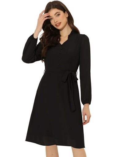 Allegra K シフォンドレス カジュアルワンピース 長袖 パフスリーブ フリル Vネック ビジネス ベルト付き レディース ブラック XS Allegra K シフォンドレス カジュアルワンピース 長袖 パフスリーブ フリル Vネック ビジネス ベルト付き レディース ブラック XS