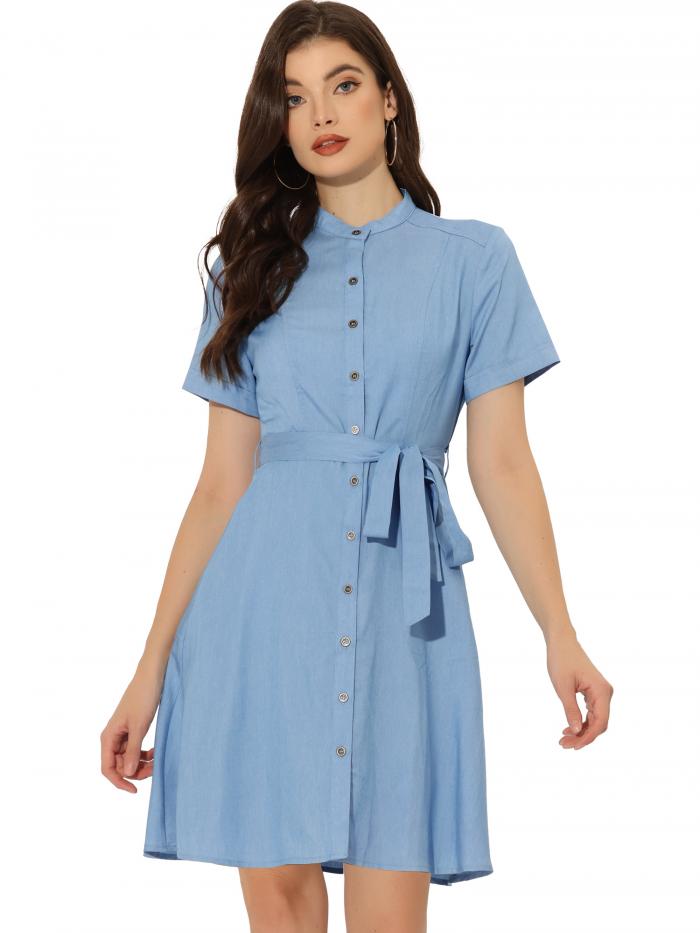 Allegra K デニムシャツワンピース カジュアルドレス ボタンダウン 半袖 膝丈 ベルト付き レディース ライトブルー L