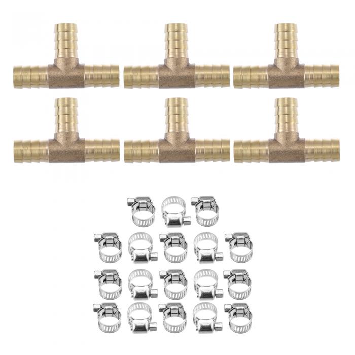 真鍮ホース継手コネクタ T字型ホースバーブ T有刺鉄線管継手 クランプ付き 12mm 6セット