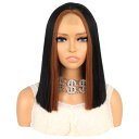 VOCOSTE レースフロントウィッグ 耐熱中長いストレートヘアウィッグ 女性日常用ウィッグ (35.5cm長さ ブラックブラウンハイライト)