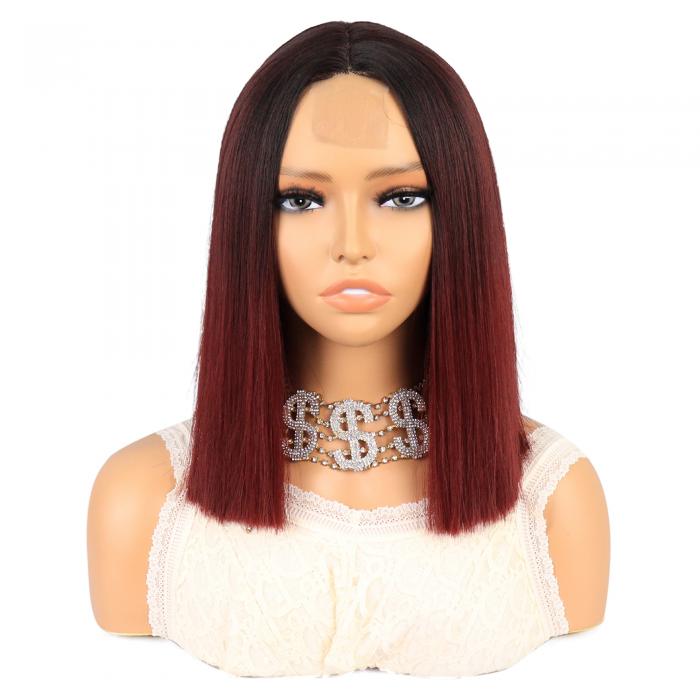 VOCOSTE レースフロントウィッグ 耐熱中長いストレートヘアウィッグ 女性日常用ウィッグ (35.5cm長さ ブラックグラデーションワインレッド)
