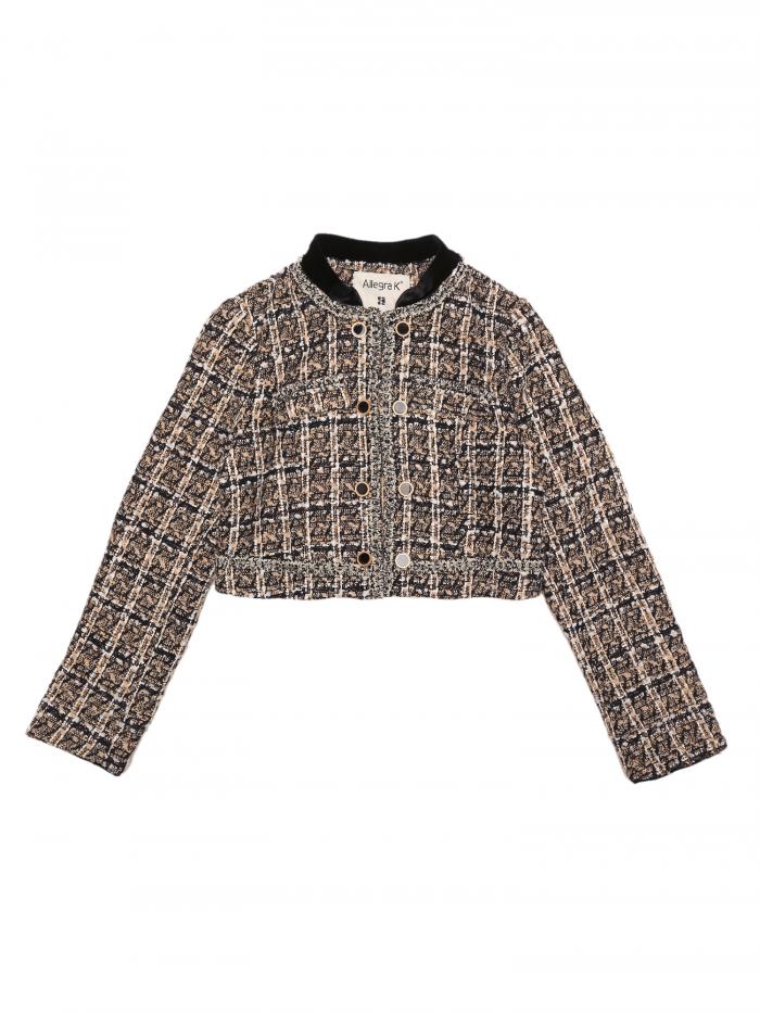 Allegra K チェック柄 ブレザー クロップド ジャケット ツイード ダブルブレスト オフィス エレガント レディース カーキ L